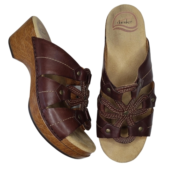 Dansko | Serena Brown Leather Etched Floral Slip On Wedge Sandals Women's 8.5 - Picture 1 of 13